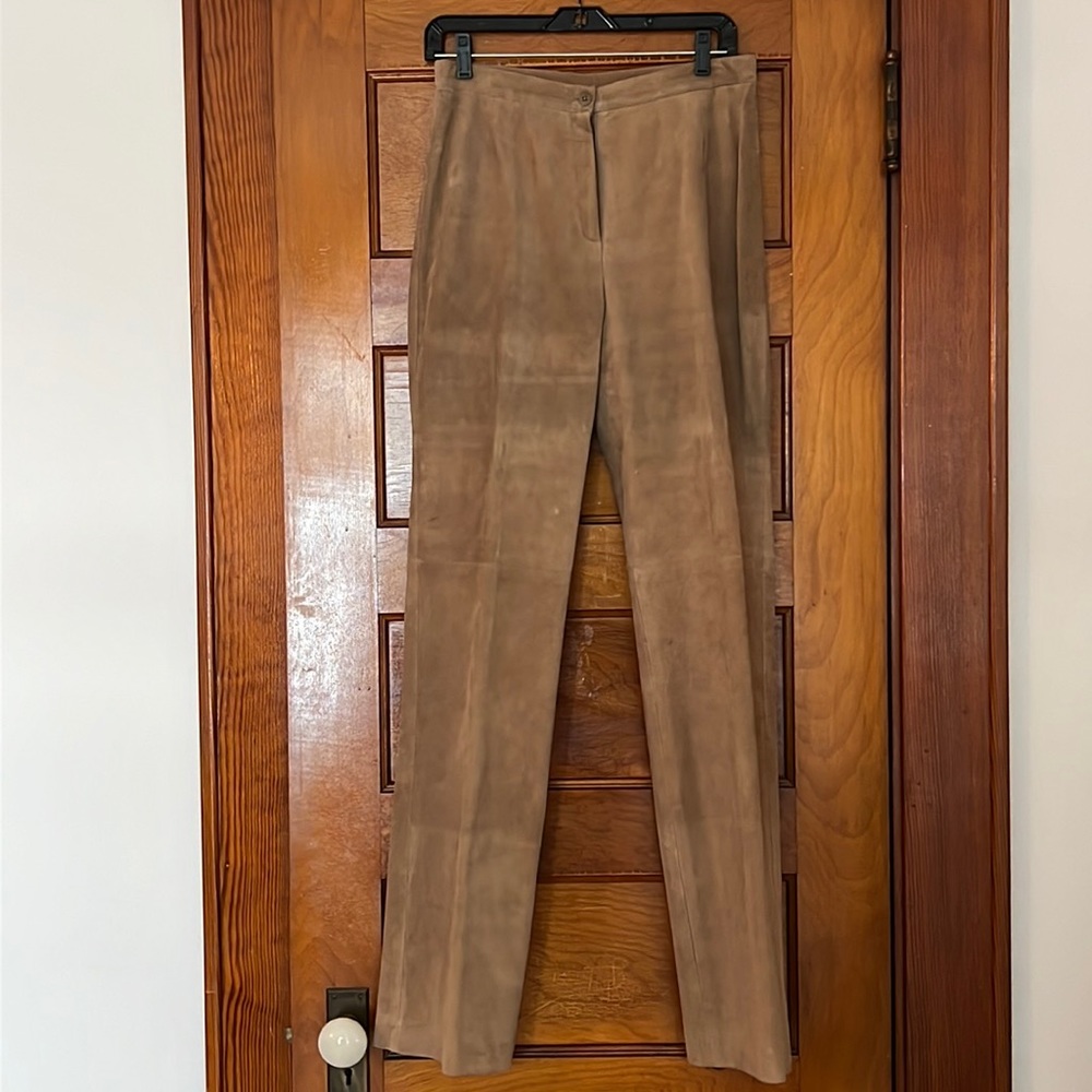 Mushroom brown Neiman Marcus suede straight leg, fly front pant.